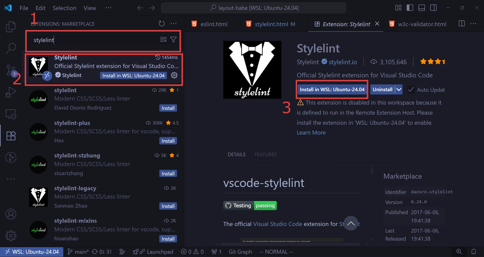Поиск и установка расширения Stylelint в VSCode